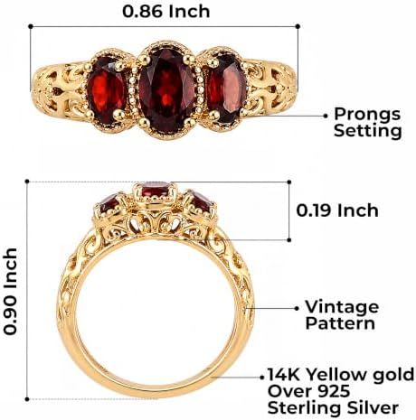 3 Stone Garnet Ring Silver with 14K Gold Plating January Birthstone Ring