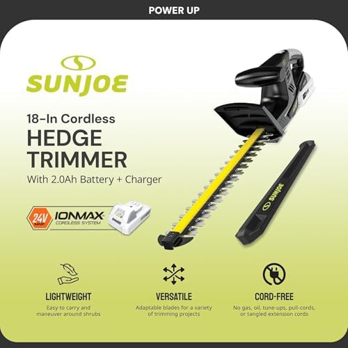 Sun Joe 24V-HT18-LTE 24V 2.0Ah 18-in Cordless Handheld Hedge Trimmer 5/8" Cutting Capacity, Blade, Kit (w/ 2.0 Ah Battery + Quick Charger)