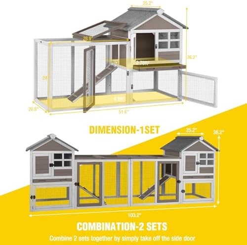 Aivituvin 103.2" L Rabbit Hutch Indoor Outdoor Bunny Cage with Run,Guinea Pig House Pull Out Upper Tray (103.2" L x 25.2" W x 36.2" H, Grey-2 Sets)