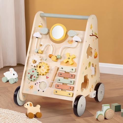 Pithfor Wooden Baby Push Walker, Baby Walker with Activity Center for Girls Boys