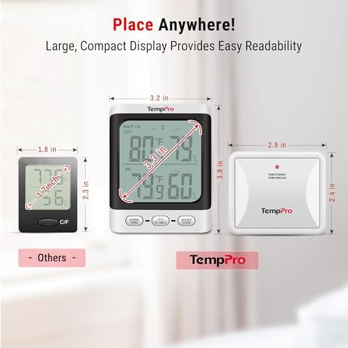 TempPro TempAir 500 FT Indoor Outdoor Thermometer Wireless with Sensor | 3.3" LCD Backlit Display, Front Button