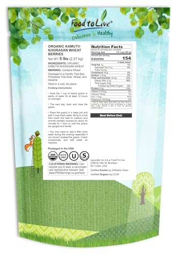 Food to Live Organic KAMUT Khorasan Wheat Berries, 5 Pounds – 100% Whole Grain, Sproutable for Wheatgrass, Non-GMO, Kosher, Bulk