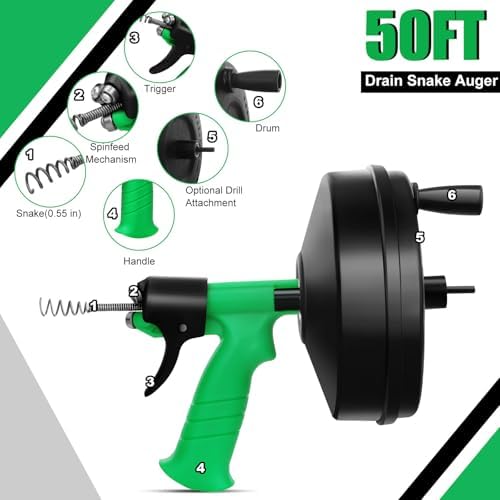 50 Ft Drain Snake, Fast Unclog Snake, 1/4 Inch, Green | Manual & Electric Plumbing Snaker for Shower Sink, Toilet and Kitchen