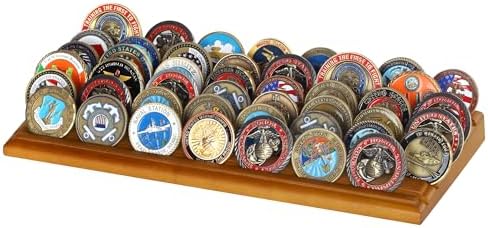 DisplayGifts Challenge Coin Display Stand 4 Row Wooden Holder Rack Case Holds 28 Coins Walnut Finish