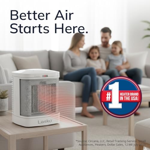 Lasko Electric Ceramic Space Heater for Bathroom - 8” - CD08200 - White | ALCI Safety Plug, Portable, 2 Heat Settings, Simple Heat Button, Overheat Protection, Cool Touch Housing, 1500W