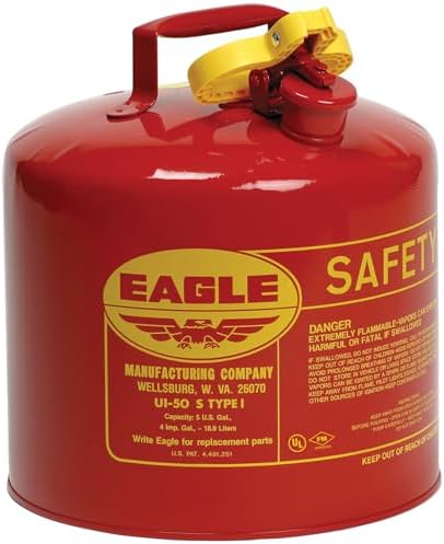 Eagle 5 Gallon Type I Red Safety Gas Can for Gasoline | Flame Arrester and Self-Closing Lid, Made in the USA, Galvanized Steel Flammable Storage Can