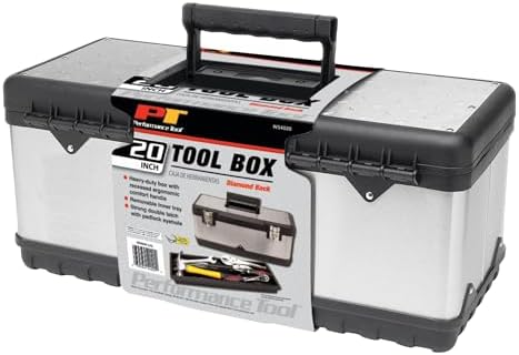 Performance Tool W54026 26 in. Steel Tool Box with Removable Tote | Heavy duty steel storage box and organizer. Recessed ergonomic comfort handle. Strong double latch with padlock eyehole