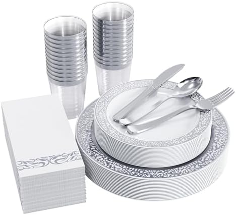 FOCUSLINE 175 Pieces Rose Gold Disposable Dinnerware Set for 25 Guests