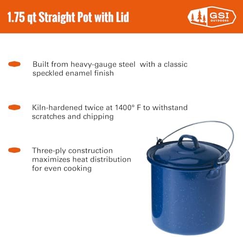 GSI Outdoors 1.75 qt Straight Pot w/Lid & Handle - Enamelware for Cooking Outdoors, Camping & Travel