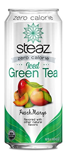 Steaz - Organic Green Tea - Peach (12 Pack) - 30mg Natural Caffeine, 70 Calories,Cane Sugar - Sweetened Iced Tea - Regenerative Organic Certified®️ - Vegan, Direct Trade - 12 Cans, 16 fl oz