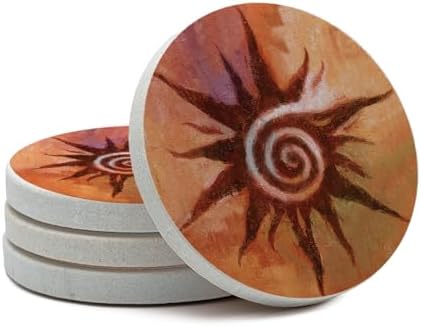 Thirstystone Spiral Sun Natural Sandstone Coaster 4 Pack Eco-Friendly, Absorbent, Easily Wipes Clean | 4” Diameter, Manufactured in the USA