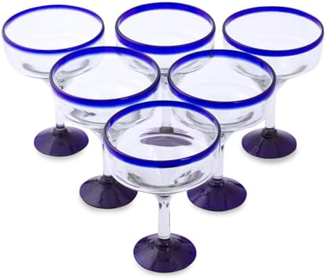 NOVICA - 284619 NOVICA Clear Blue Rim Glass Eco-Friendly Margarita Glasses, 13 Ounces, 'Cobalt Contrasts' (Set Of 6)