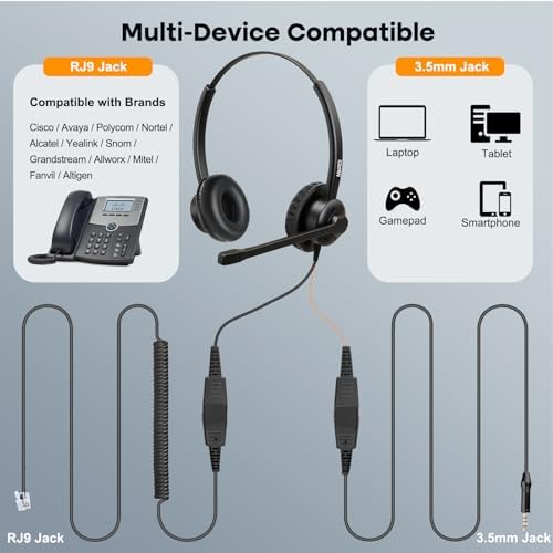 MAIRDI Phone Headset with Microphone Noise Canceling, Telephone Headset for Call Center, Office Headset with RJ9 & 3.5mm Jack for Landline Deskphone Cell Phone PC Laptop, Work for Polycom Avaya