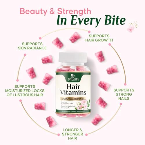 Hair Vitamins Gummies with Biotin 5000 mcg Per Serving - Extra Strength Hair Growth Support Vitamin E & C - Stronger Radiant Hair