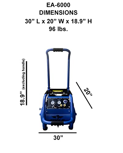 Eagle EA-6000 Silent Series 6000 Portable Electric Air Compressor 125 PSI MAX Hot Dog with Panel and Wheels, Ultra- Quiet, Blue, 6 Gallon