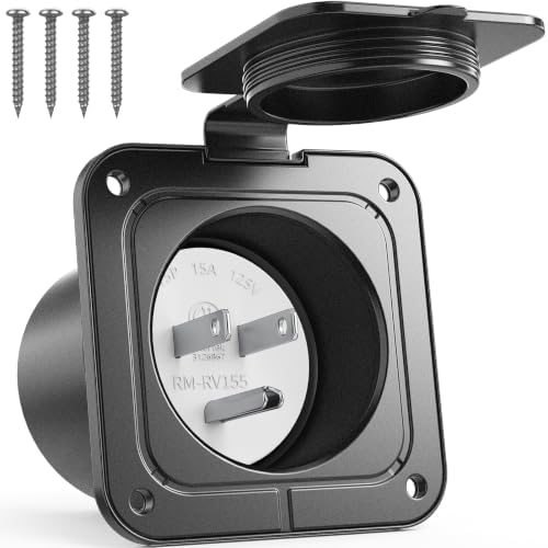 WELLUCK 15 Amp Flanged Inlet 125V, NEMA 5-15 RV Shore Power Inlet Plug w/Waterproof and Back Cover, 2 Pole 3-Wire AC Port Plug