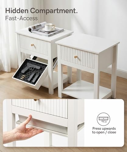 Nightstand with Gun Drawer White Bedside Table Hidden Compartment | Modern Farmhouse Side Table, Handgun Safe for Wood End Table, Open Shelf Storage