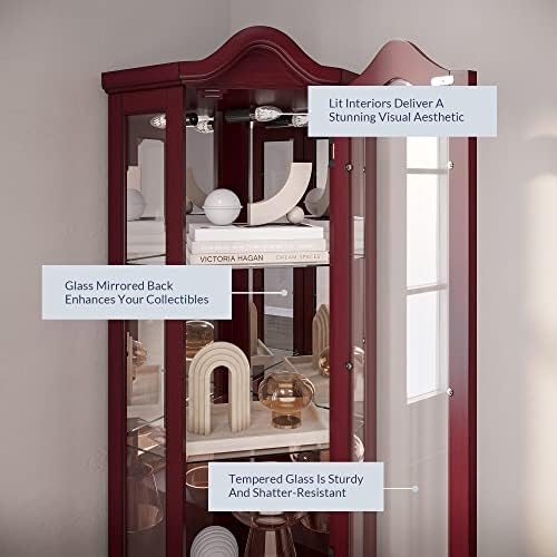 BELLEZE Lighted Corner Display Curved Top Curio Cabinet Wooden Shelving Unit with Tempered Glass Door