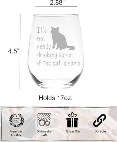 C M The Cat is Home Funny Stemless Wine Glass, Style C1 | Cat Themed Gift, For Women and Men, 17 oz
