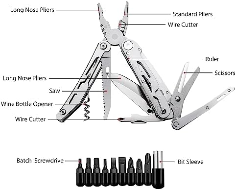RoverTac 18-in-1 Multitool Pocket Knife with Pliers, Saw, Corkscrew & Detachable Scissors, Multi Tool with Safety Lock, 9 Screwdriver Bits