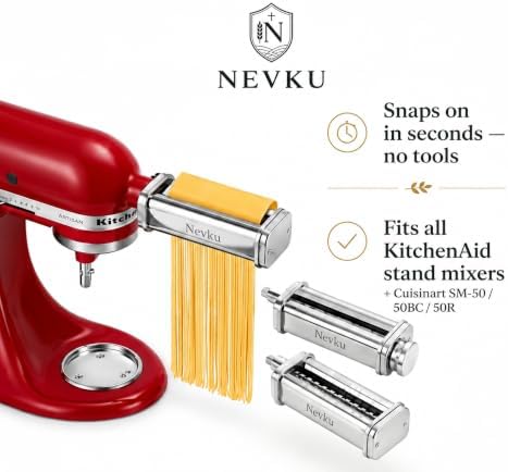 Pasta Maker Attachments Set for all KitchenAid Stand Mixer, including Pasta Sheet Roller, Spaghetti Cutter, Fettuccine Cutter by Nevku
