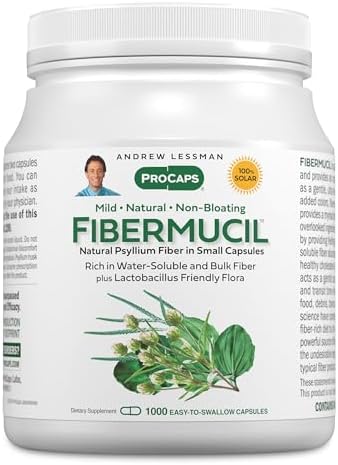 Andrew Lessman ProCaps Fibermucil Psyllium Husk Fiber 180 Capsules | Psyllium Husk Powder with Soluble & Insoluble Fiber plus Lactobacillus Sporogenes. No additives. Easy-to-swallow capsules.