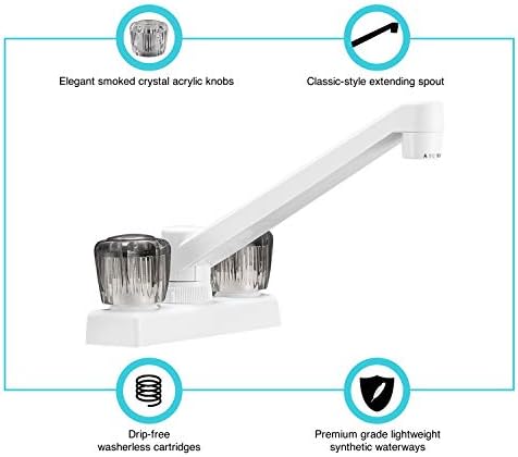 Dura Faucet DF-PK640S-WT RV Swivel Kitchen Galley Bar Faucet (White) | Smoked acrylic knobs and a rotating spout serve sink or bar duty.