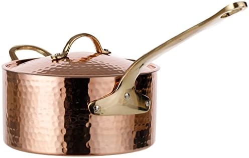 DEMMEX 1.2mm Thick Hammered Uncoated Copper Saucepan with Lid & Helper Handle, Food-Safe Tin Lined (1.7-Quart)