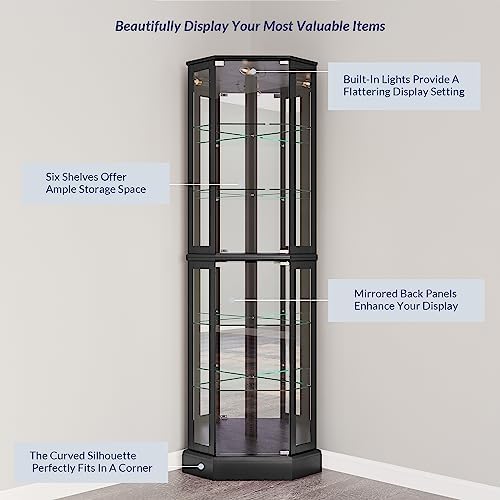 BELLEZE Lighted Corner Display Curio Cabinet Wooden Curved Shelving Unit with Tempered Glass Door