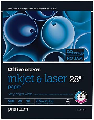 Office Depot® Inkjet And Laser Paper, 1 Ream, White, Letter Size (8 1/2" x 11"), Ream Of 500 Sheets, 28 Lb, 98 Brightness