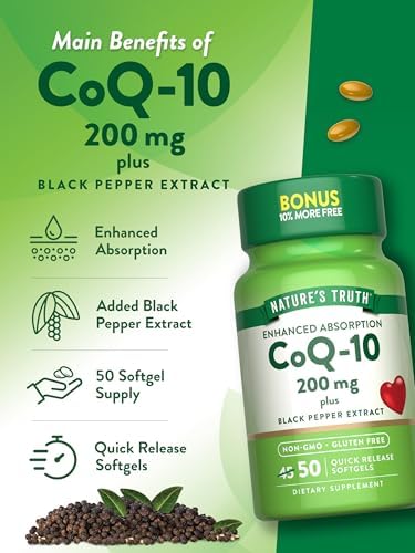 Nature's Truth CoQ10 200mg Softgels | 50 Count | Enhanced Absorption Supplement | Plus Black Pepper Extract | Non-GMO, Gluten Free