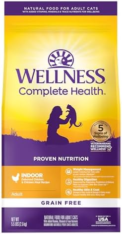 Wellness Complete Health Adult Dry Cat Food for Indoor Cats, Natural, Grain Free Kibble, Chicken Recipe, 5.5 lb Bag