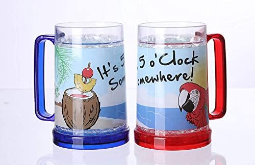 It's 5 O'Clock Somewhere Party Parrot Double Wall Gel Frosty Freezer Ice Mugs Clear 16oz Set of 2