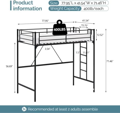 Bonnlo Metal Loft Bed with Stairs and Flat Rung, Junior Loft Bed Twin Size High Loft Bed for Kids/Teens/Adults, No Box Spring Required, Black