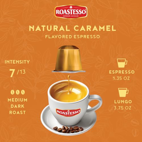 Roastesso, Aluminum Espresso Capsules, Flavors Variety Pack, Natural Flavored Coffee Pods with French Vanilla, Caramel, Chocolate & Hazelnut