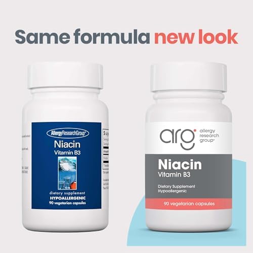 Allergy Research Group ARG Niacin with Vitamin B3-250 mg Niacin - Energy Metabolism & NAD Support - Cardiovascular Wellness - Hypoallergenic &