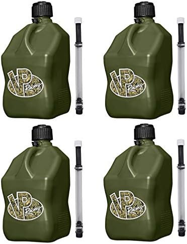 VP Racing 5.5-Gallon Square Motorsport Utility Container Camo (4 Pack) with a 14" Deluxe Hose (1 Pack) Close-Trimmed Cap and Neck for Tight Seal