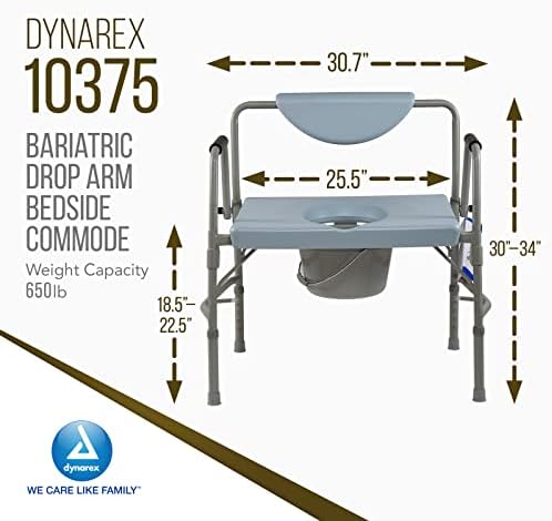 Dynarex Bariatric Drop Arm Bedside Commode, Multi-Use Portable Toilet Chair with 650 Pound Weight Capacity and a Heavy-Duty Steel Frame, Grey