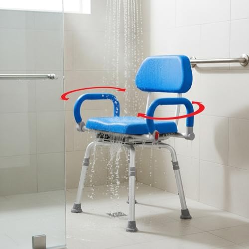 Swival Shower Chair with Padded seat for Inside ShowerFor Senior, Bath Seat | Sit Securely While Bathing - Blue, padded seat, padded armrests, swivel seat, tool-free assembly, 600 lb