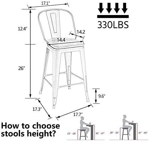 Alunaune 24" Swivel Metal Bar Stools Set of 4 High Back Counter Height Barstools Industrial Dining Bar Chairs with Large Wooden Seat-Matte Black