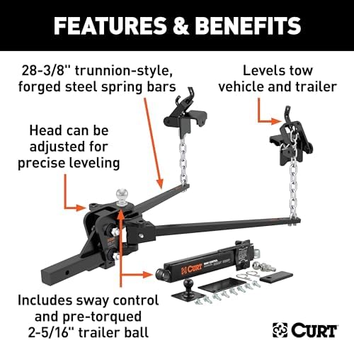 CURT 17422 Short Trunnion Bar Weight Distribution Hitch with Sway Control, Up to 15,000 lbs., 2-Inch Shank, 2-5/16-Inch Ball