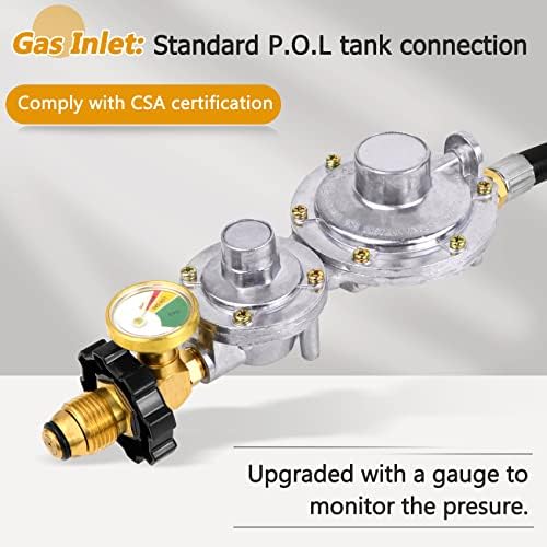 Azdele Two Stage Propane Regulator with 10 ft Hose and Gauge, CSA Certified