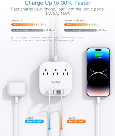 One Beat Power Strip with USB C, 3 Outlets 4 USB Ports (22.5W/4.5A), 6ft