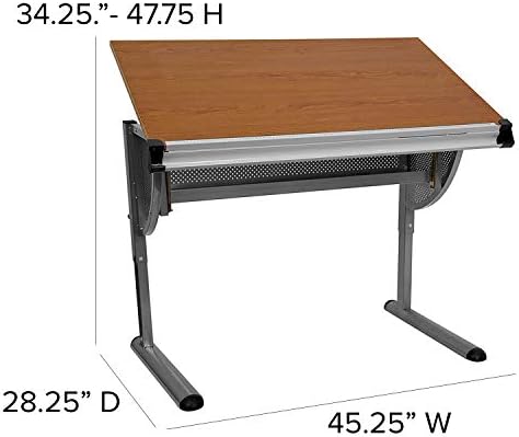 EMMA + OLIVER Adjustable Drawing and Drafting Table with Pewter Frame | Adjustable Angle Surface, Raised Metric Ruler Border