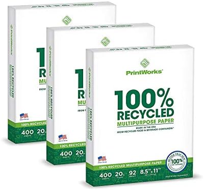 PrintWorks 100% Recycled Printer Paper 8.5" x 11" White - 20 lb Copy & Multipurpose Computer Paper - 1 Pack, 400 Sheets - Made in the USA - 92 Bright - Printer & Copier Compatible (00018)