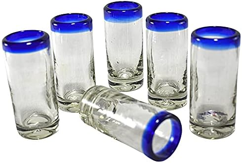 MAREY Hand Blown Drinking Glasses Artisan Crafted from Mexico Set of 6 pieces (Cobalt Blue Rim, Water 16 Oz.)