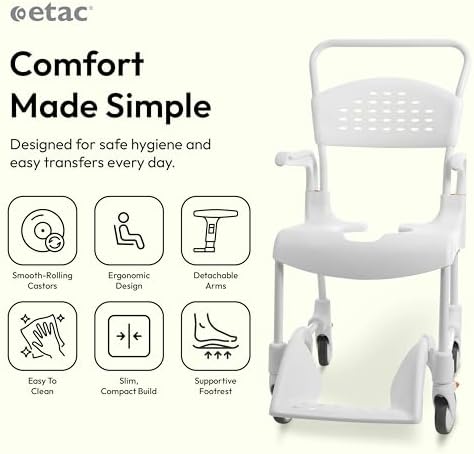 Etac Clean 24" Self-Propelled Shower Chair with Wheels - 21 3/4 Inch Fixed Height with 24 Inch Rear Wheels - Shower Wheelchair for Elderly and Disabled - Movable Armrest & Ergonomic Footrest