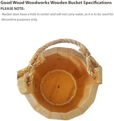 GOOD WOOD - Wooden Bucket 6" x 8" Water Wishing Well Pail with Rope Twine Handle Solid Wood Vintage Style Primitive Planter - Made in the USA