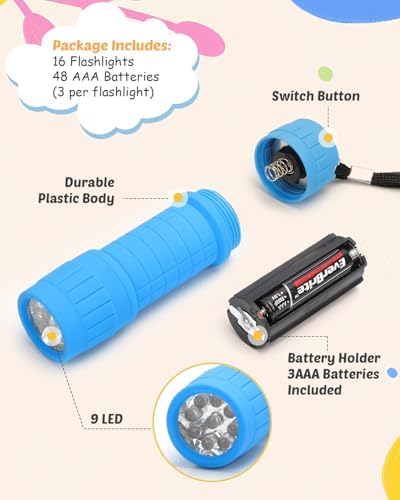 EverBrite 16-Pack Mini LED Flashlights with 48 AAA Batteries Included | 16-Pack small flashlights in 4 colors, including AAA batteries, ready-to-use for Home Emergency, Hiking, Bulk Holiday Gifts