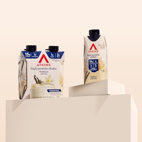 Atkins Vanilla High Protein Shake, 15g Protein, 12 Count | 15g Protein, 3g Fiber, 1g Net Carb, 1g Sugar, Vanilla Flavored, Keto Friendly